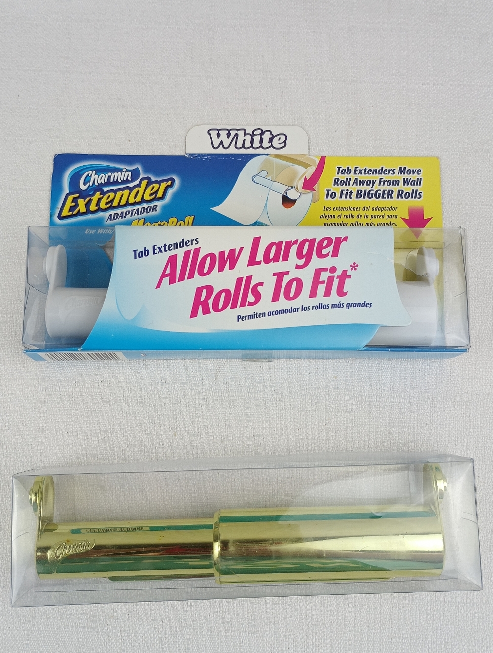 White Brass Charmin Toilet Paper Roll Extender Holds Mega Super Rolls spindle.
